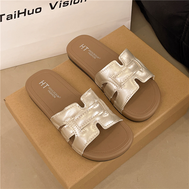 女性が外で履くためのフレンチスリッパ 2025 新しい夏の海辺のビーチ美しいフラットソールの外出用フラットサンダル|undefined