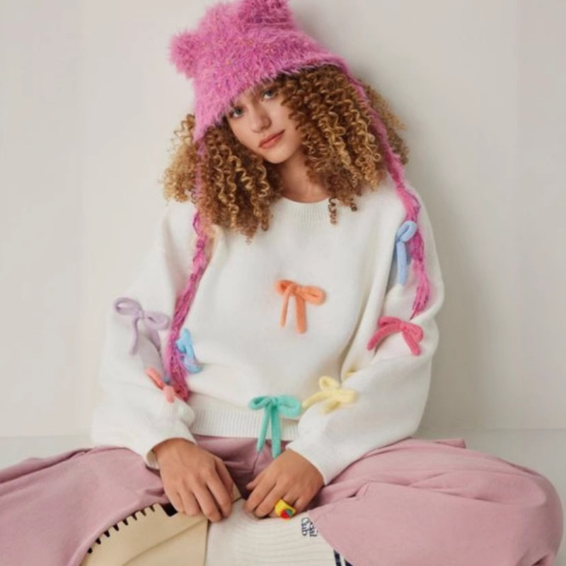 Cross-Border Amazon Autumn and Winter New Colorful Contrasting Bow Cute Round Neck Knitted Pullover Loose Sweater for Women
