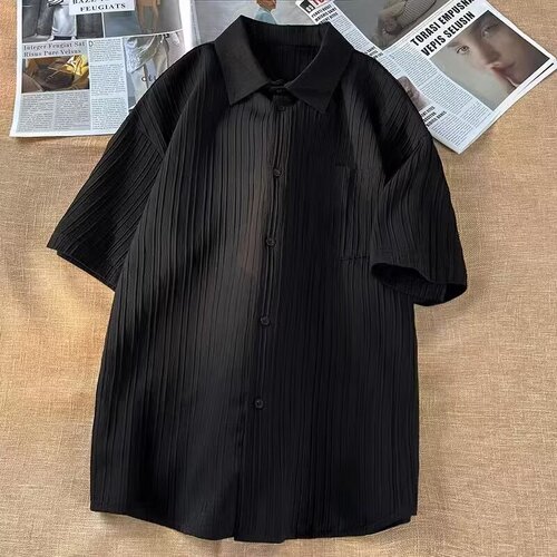 Textured Striped Short-Sleeve Shirt for Men - Summer Large Size - High-End Casual Iridescent Five-and-a-Half-Sleeve Fashion Top