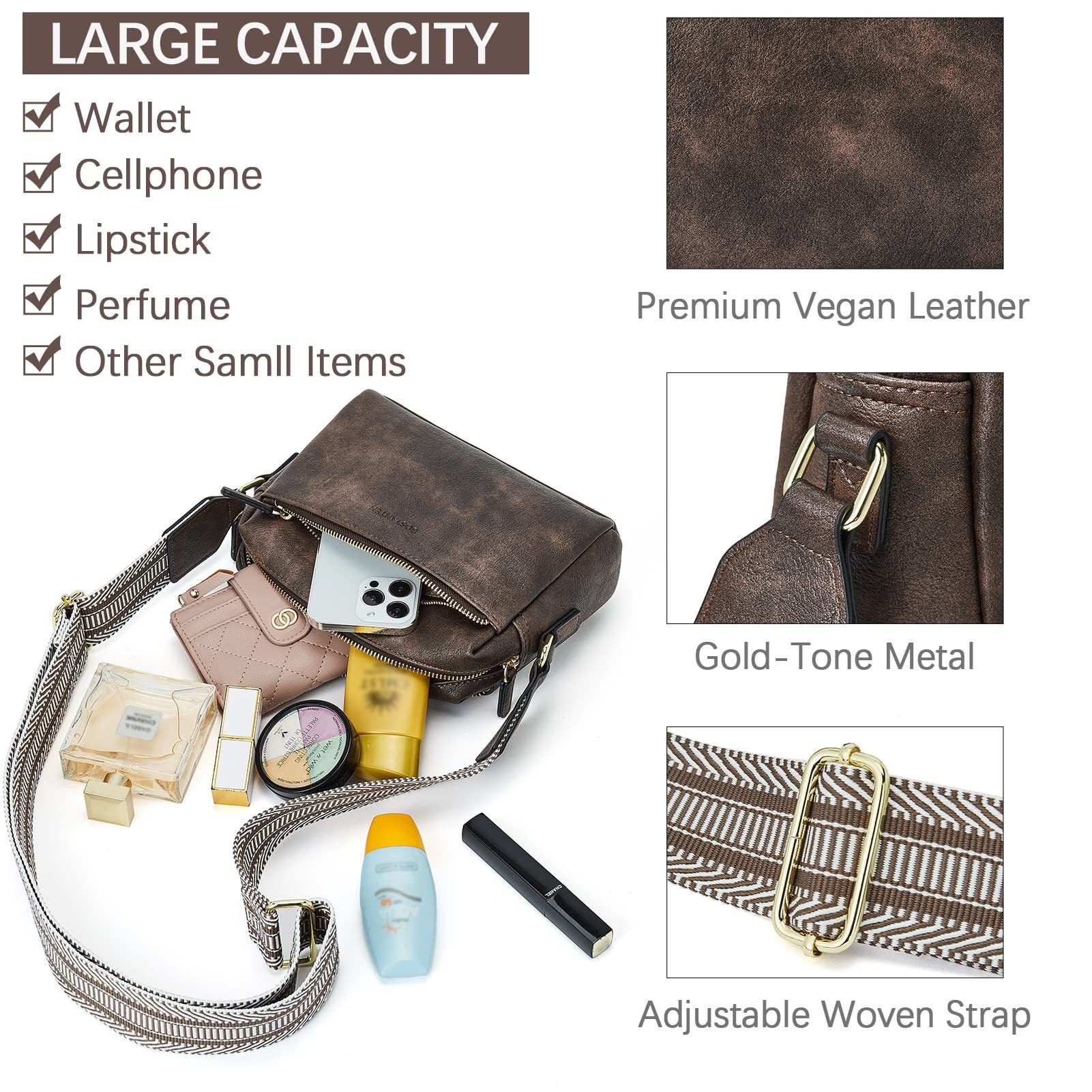 New women's small crossbody bag, three zippered mobile phone newspaper, leather small bag, colored shoulder strap single shoulder bag_voghion.com