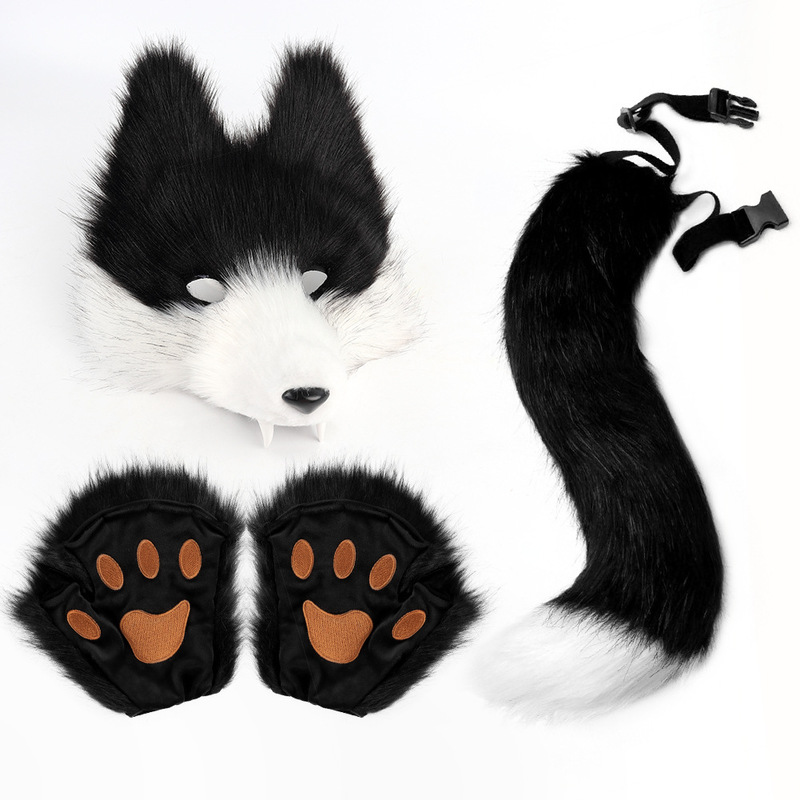Simulated Wolf Mask Set, Wolf Tooth Stereo Cos Animal Tail Plush Tail, Halloween Dance Party Props