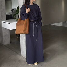 秋上新【LABEL】意法韩版圆领慵懒风套头卫衣+抽绳显瘦半身裙套装