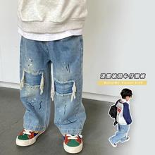 儿童韩版破洞油漆泼墨牛仔裤中大儿童时尚个性帅气阔腿长裤子童装
