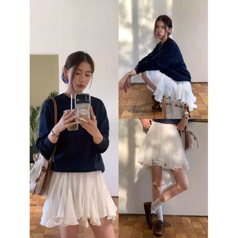 白色a字蓬蓬裙半身裙女减龄高腰显瘦设计感韩版新款不规则短裙子|undefined