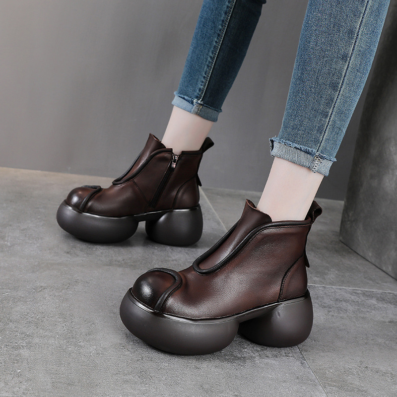 头层牛皮复古大头马丁靴女秋冬新款加绒靴子小众真皮增高厚底棉靴