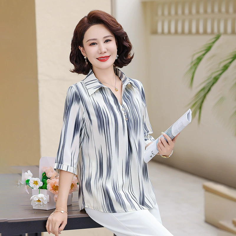 Летняя рубашка с короткими рукавами для мамы, полосатая женская одежда с лацканами среднего и пожилого возраста, элегантная шифоновая рубашка, уменьшающая возраст, модная рубашка