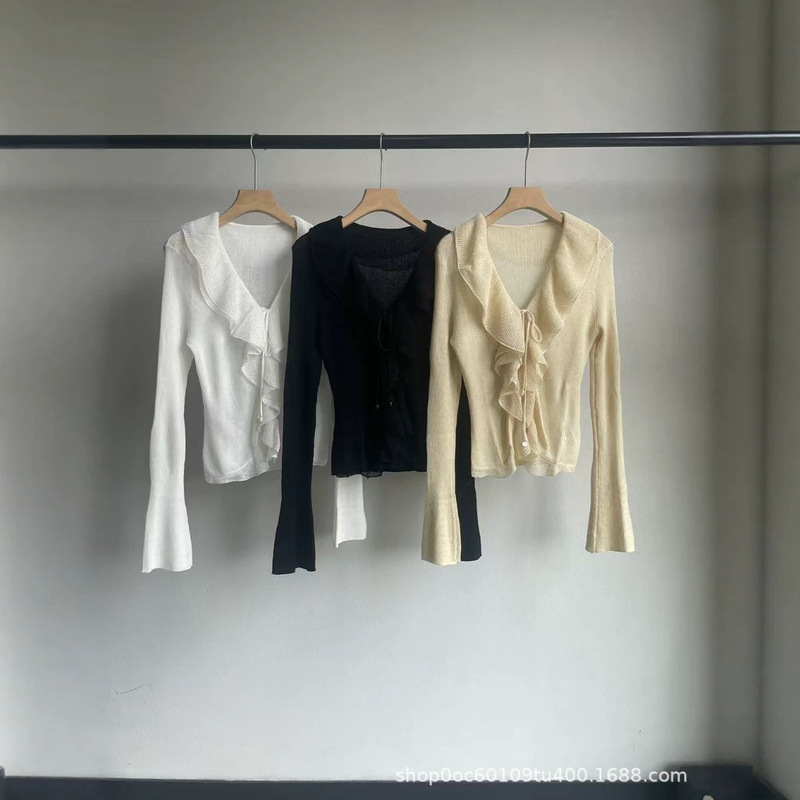 French Romantic Style 2026 Early Autumn Lightweight Elegant Ruffle Collar Decorated Slimming Tie-Waist Knit Cardigan for Women French Romantic Style 2026 Early Autumn Lightweight Elegant Ruffle Collar Decorated Slimming Tie-Waist Knit Cardigan for Women