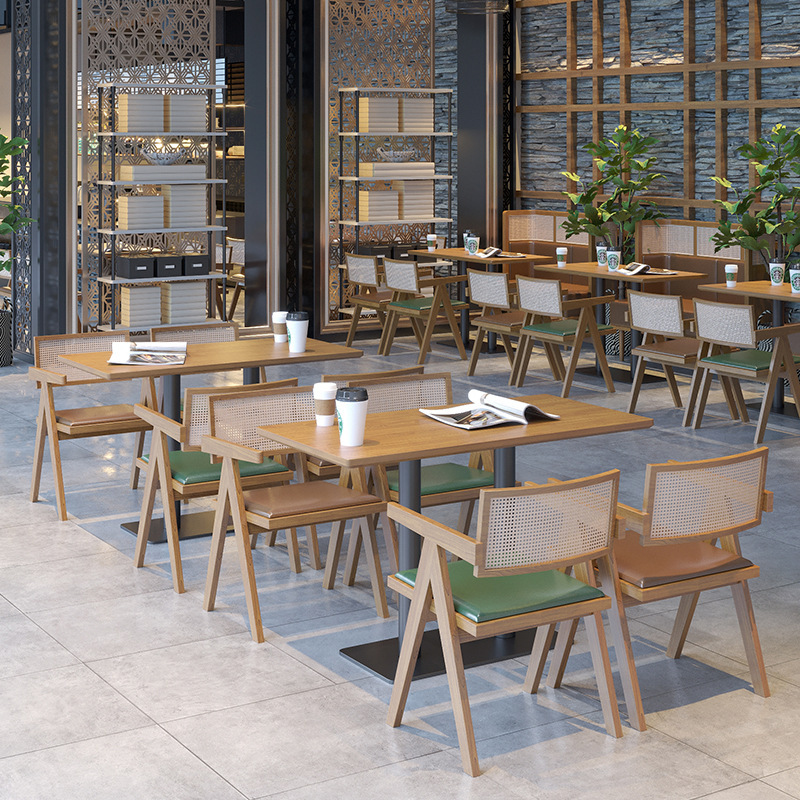 Theme Restaurant Card Sofa Cafe Milk Tea Shop Commercial Hot Pot Woven Wood Solid Wood Famous Reception Desk Chair Set