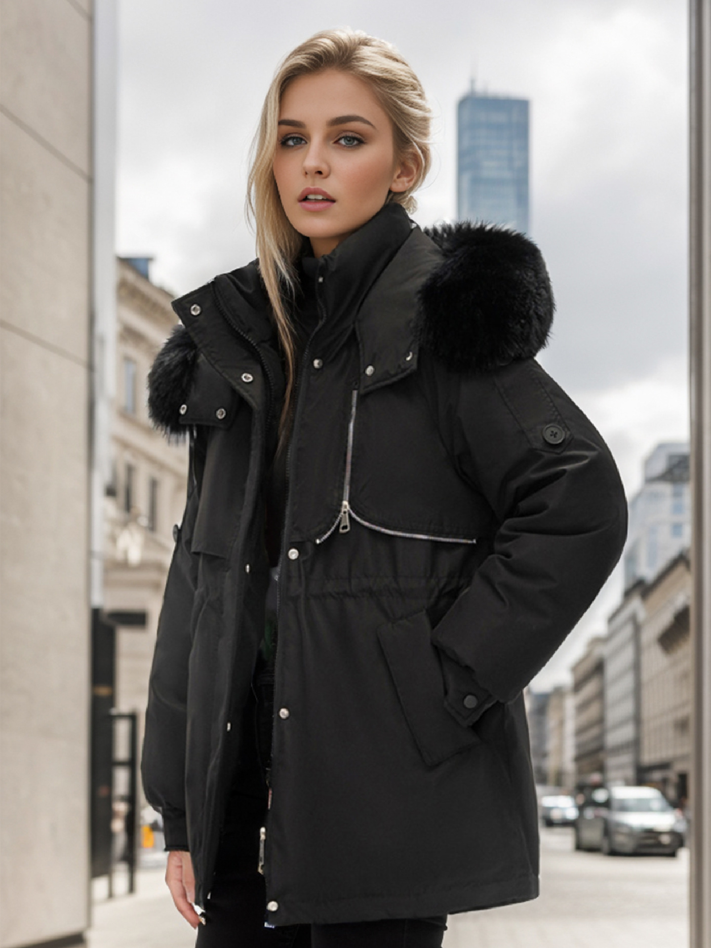 Damen Daunenjacke mit großem Pelzkragen, kurze Winterkleidung für Damen, neuer kleiner Overall, gepolsterter Mantel_voghion.com