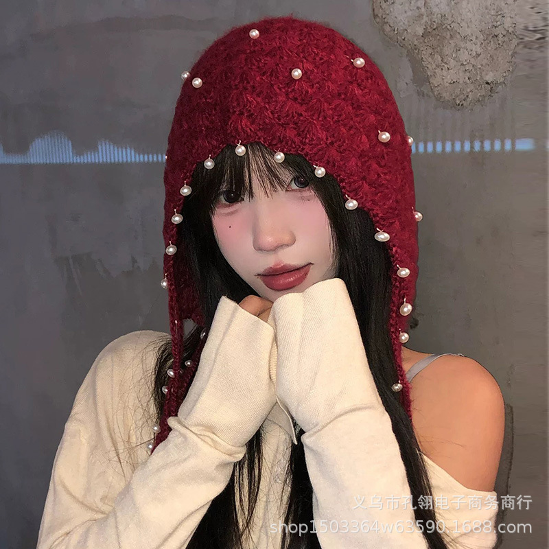 2025新款红色民族风钉珠流苏护耳帽子女秋冬加厚保暖显脸小套头帽|undefined