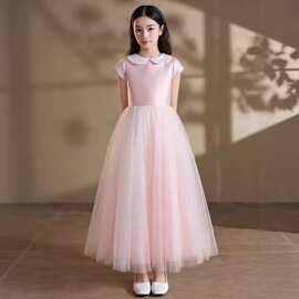 儿童女童连衣裙礼服粉色长款主持高端轻奢简约网纱演出服跨境外贸