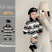 0-2岁秋冬加绒男女宝宝连身衣 潮款保暖POLo色织条纹韩版哈衣爬服