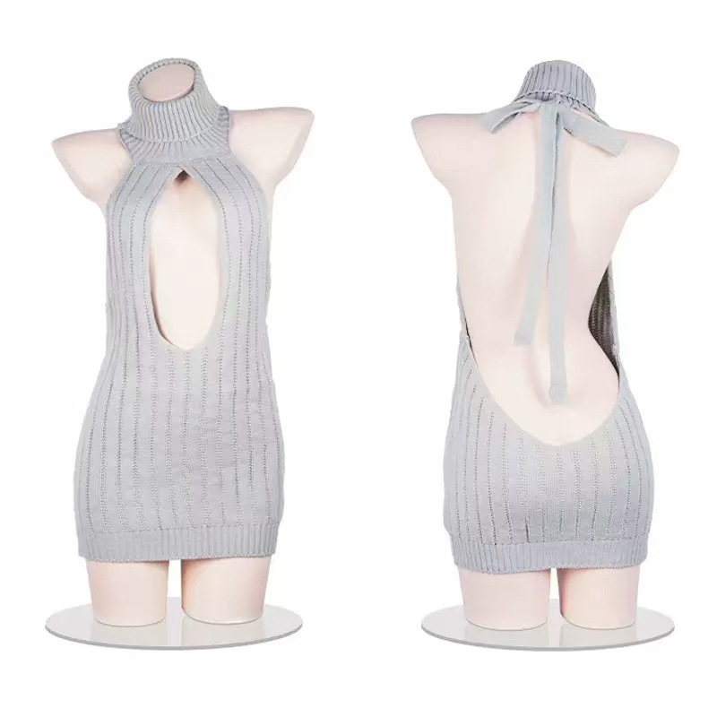 Plus Size Backless High-Cut Knit Sweater Lingerie Set, Turtleneck Black One Size — detail image 2