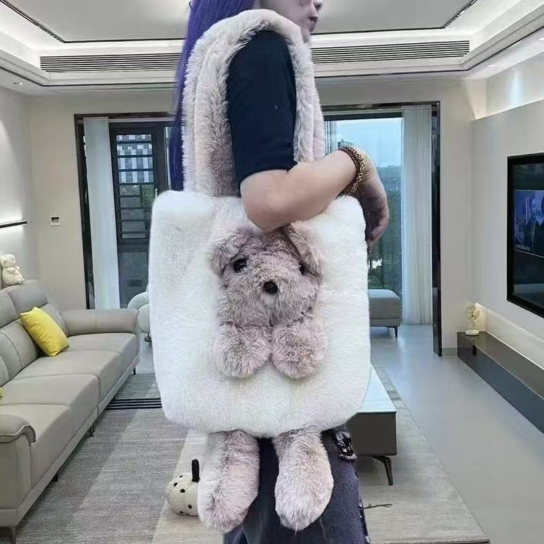 新款考拉熊毛绒托特女士单肩包大容量女可爱卡通小熊斜挎手提包包|undefined