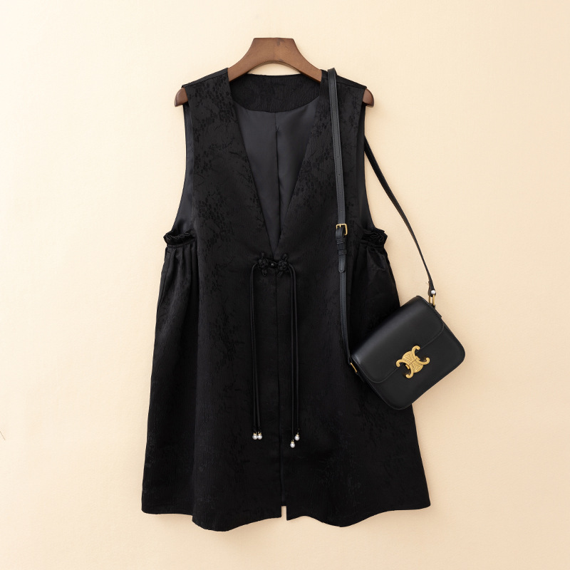 Wholesale Chinese-style buckle mid-length vest jacquard V-neck sleepless skirt with wrinkled high-end national style vest jacket tide