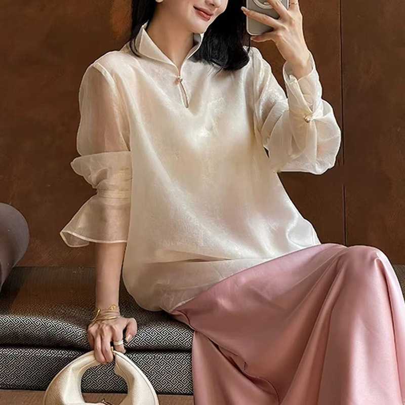 Unique, Beautiful, and Exquisite High-Neck Long-Sleeve Shirt for Women, New Spring Style, High-End, Light Luxury, Loose Fit, Slimming, Versatile Top Unique, Beautiful, and Exquisite High-Neck Long-Sleeve Shirt for Women, New Spring Style, High-End, Light Luxury, Loose Fit, Slimming, Versatile Top