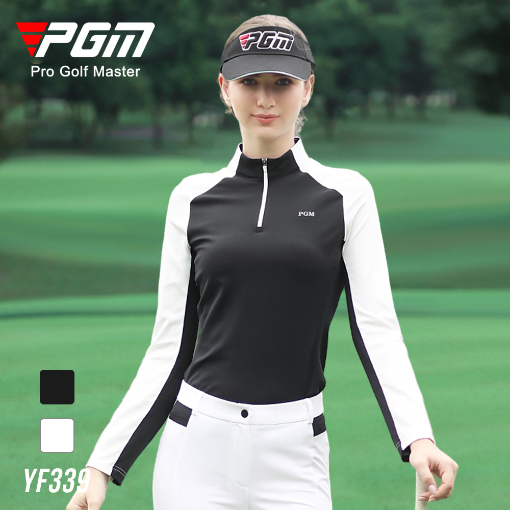 Áo thun nữ dài tay chơi gôn PGM phối màu co giãn cao — YF339 trắng đen áo, YF339 áo đen trắng
