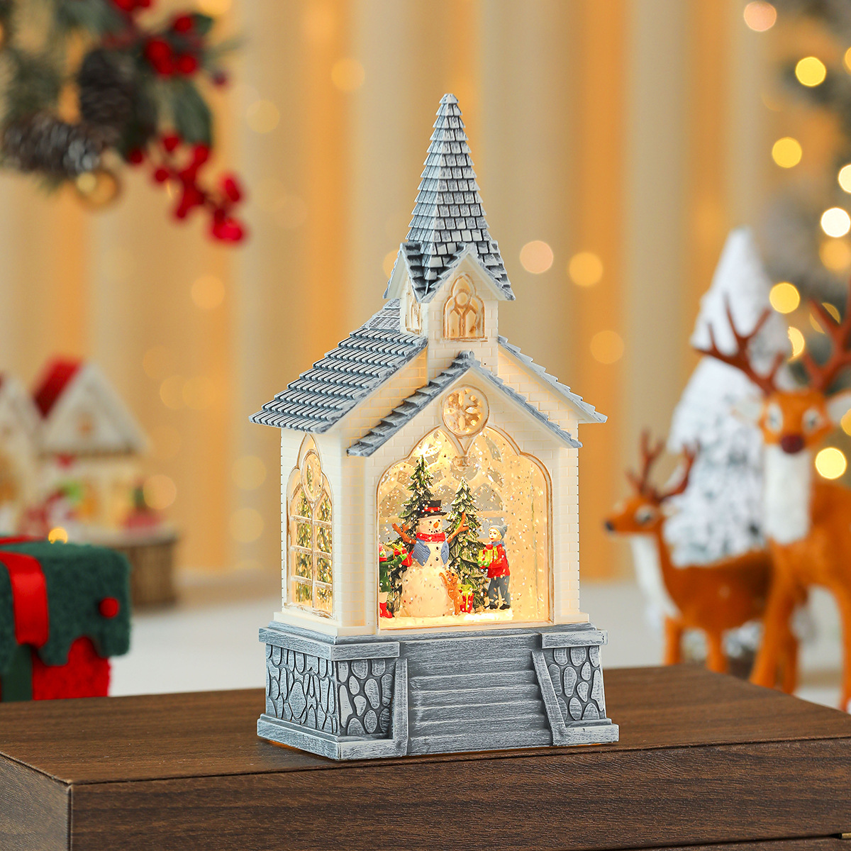 Regalo de Navidad Casa de Santa Claus Lámpara de viento de cristal Decoración de Navidad Decoración de la casa Nieve Música Caja de música
