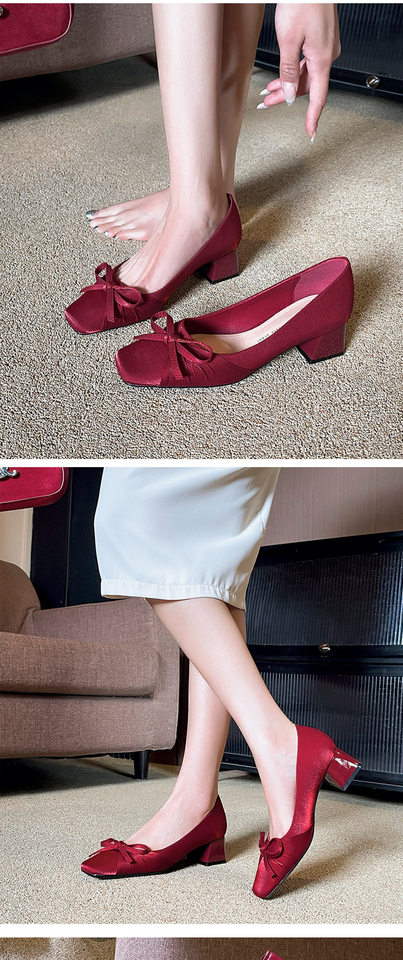 Giày cao gót nữ mũi vuông gót vừa 3–6 cm chất liệu lụa thắt nơ, giày cưới sang trọng — màu đỏ, quả mơ chi tiết 9