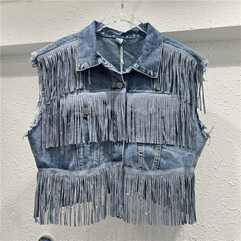 Pequeño diseño de chaqueta de diamante caliente sin mangas jeans de verano coreano 2024 delgado cintura alta corta chaleco de color sólido image 1