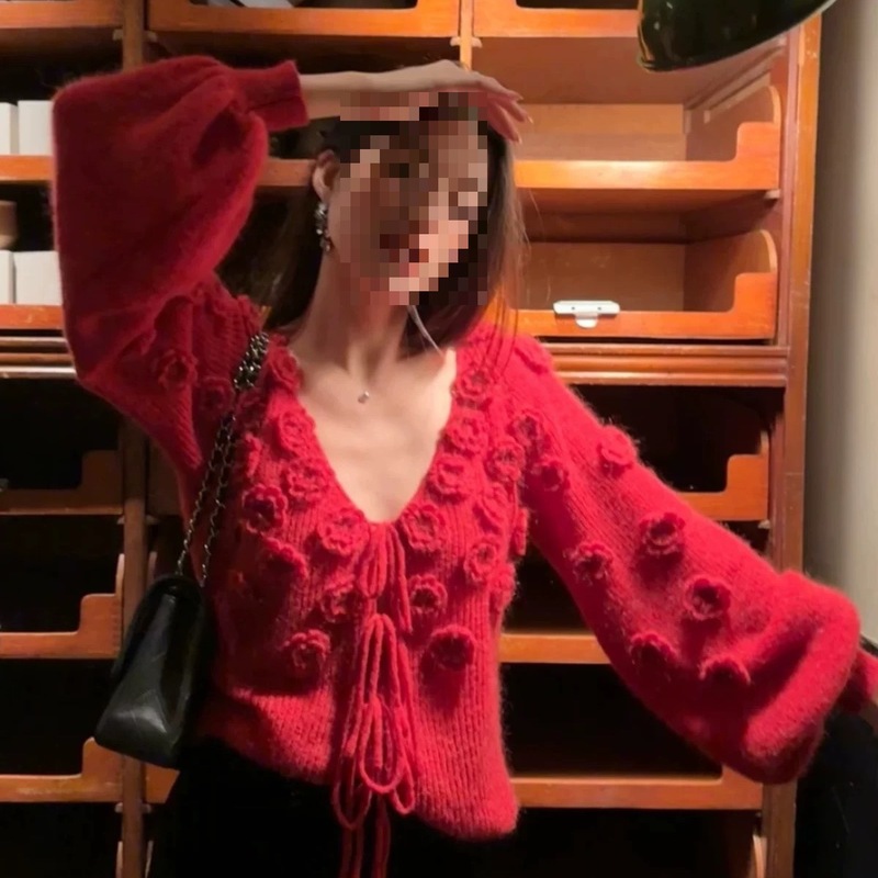 温柔立体花朵圣诞穿搭红色毛衣女早春新款宽松显瘦慵懒针织上衣|undefined