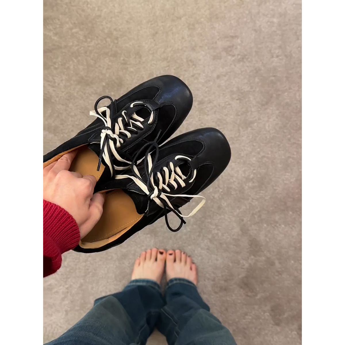 Versión de piel de vaca ~ Zapatos de entrenamiento alemanes negros retro, zapatos Forrest Gump con cordones, zapatos de deporte casuales para mujer, zapatos deportivos de todo fósforo, marea