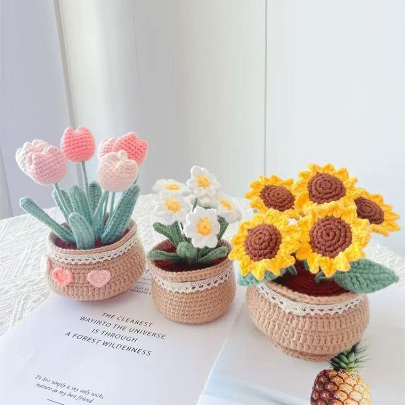 手織り DIY ウールブーケ素材パッケージチューリップデイジー鉢植えかぎ針編み自家製装飾花 Z820|undefined