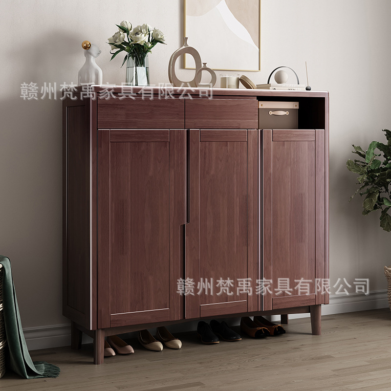 Walnut solid wood three-door shoe cabinet modern minimalist Nordic living room small apartment entryway cabinet large capacity storage cabinet