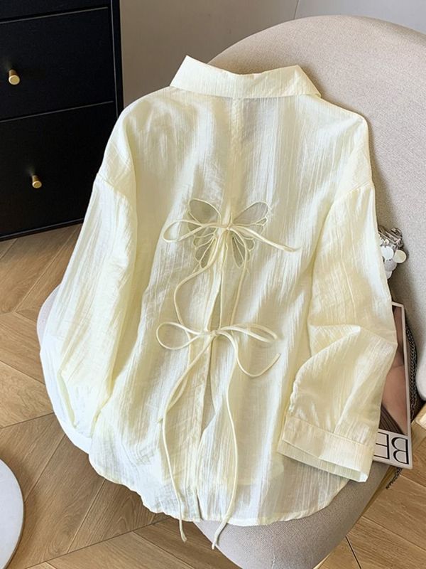 蓝色蝴蝶镂空系带防晒衬衫外套女夏2025新款宽松衬衣薄款外搭上衣|undefined