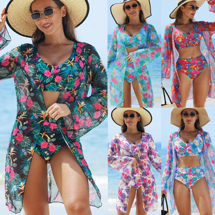 2025 European and American Swimsuit Women's Split Printed Bikini BIKINI Mesh High Waist swimsuit Three-Piece Swimsuit