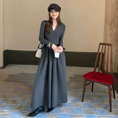不退换E859长袖V领修身显瘦拼接赫本风配腰带连衣裙女