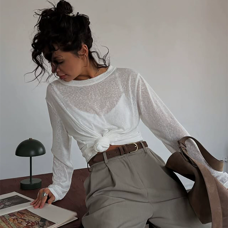 Long-sleeve white summer top, thin semi-sheer oversize style