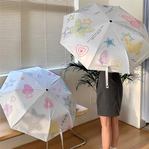 Niche design girly heart butterfly umbrella rain or shine sun umbrella vinyl sunscreen umbrella portable three-fold umbrella