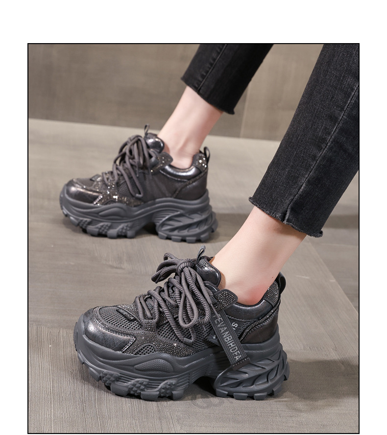 Giày sneaker nữ chunky đế dày tăng chiều cao đính đá rhinestone phong cách thể thao — Màu súng chi tiết 15