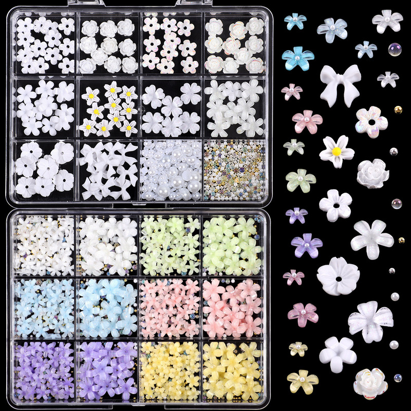 Trendy Internet-Famous Nail Art Small White Flowers Mixed Sizes Colorful Five-Petal Flowers Small Steel Beads 3D Resin Nail Decorations