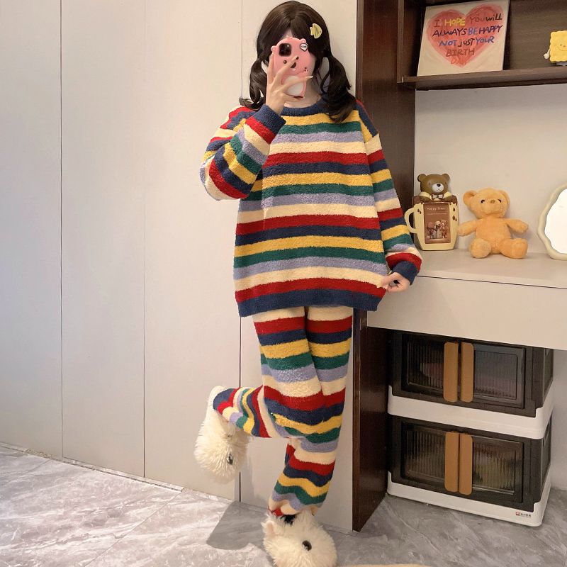 Pajamas Women's Autumn and Winter fleece-lined Thickened Sweet Internet Popular Wind Small Coral Fleece Warm 2024 New Home Clothes