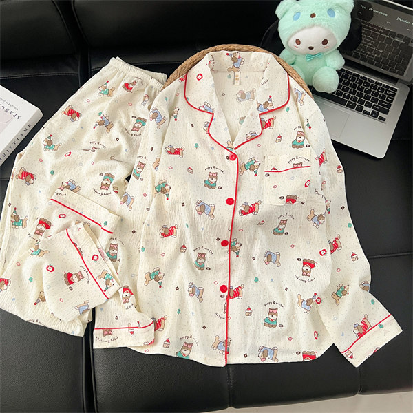 Al por mayor transfronterizo 2026 nuevo pijama de primavera y verano de mujeres nubes de algodón cardigan con solapa ropa de dibujos animados para el hogar mangas largas pantalones largos