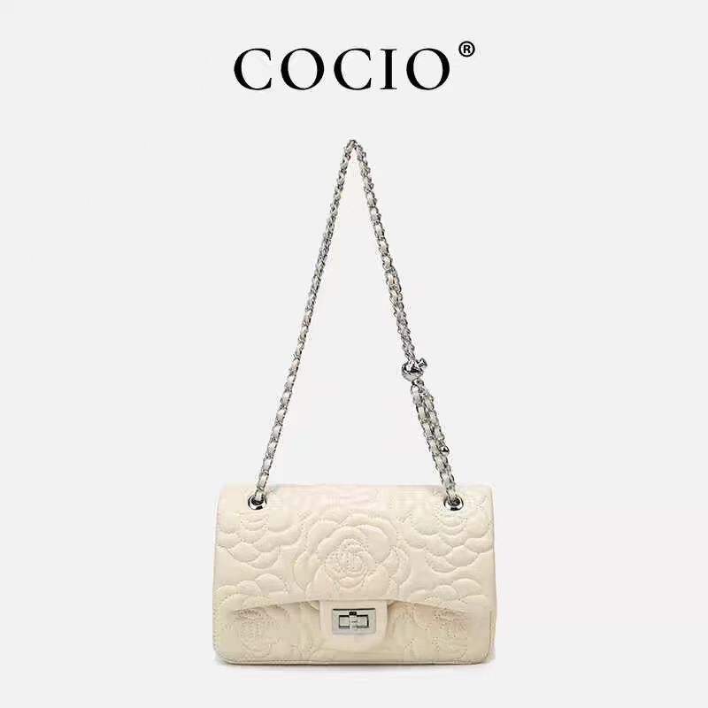 Túi đeo chéo nữ dây xích họa tiết caro phối thời trang CF-255 — Hoa trà màu đen, Màu trắng