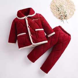 婴儿居家服儿童睡衣冬天加厚款三层夹棉女童中大童加绒家居服套装