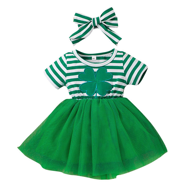 Little Girl=Childre 's Clothing European And American Mesh Skirt Spot Summer Girls Striped Round Neck Dress Four-leaf Clover Turban Skirt