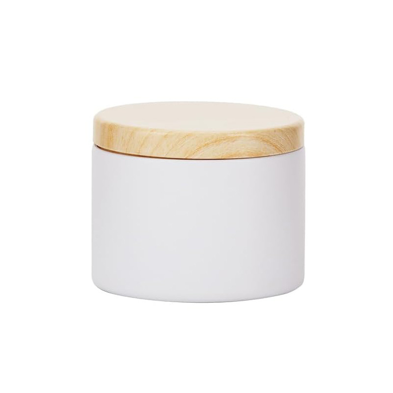 Caja redonda de hojalata negra sellada de doble cara con tapa de imitación de madera de alta gama para dulces, velas y aromaterapia, 4oz 8oz, al por mayor