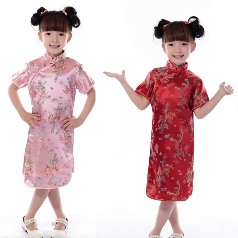 Chinese Qipao Dress for girls kids  Dragon and Phoenix Brocade Cheongsam Tang Suit for kids Chinese New Year celebration Dress for girl