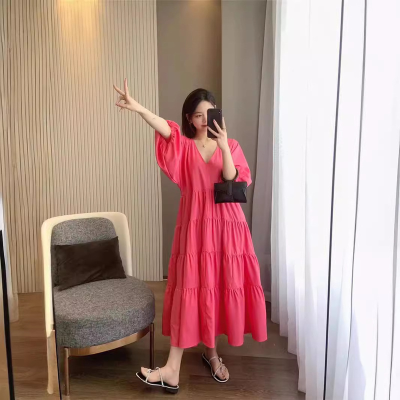 Spring and Summer Loose plus size European and American Style Women's New V-neck Layered Stitching Poplin dress Bohemian Dress Spring and Summer Loose plus size European and American Style Women's New V-neck Layered Stitching Poplin dress Bohemian Dress