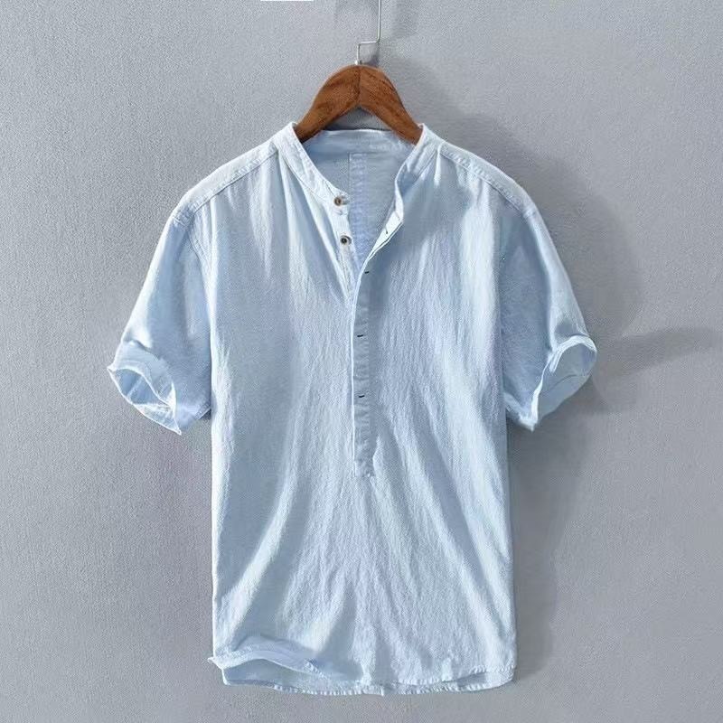 Camicia da uomo taglie forti in cotone e lino a maniche corte, vestibilità ampia e casual, ideale per l'estate._voghion.com