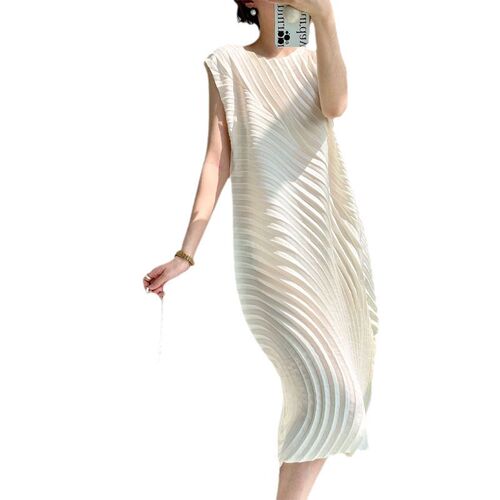 Threezhuo pleated women's high-quality water wheel pleated arc dress, daily versatile commuting fashionable sleeveless long dress