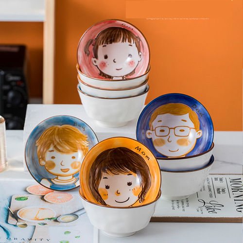 Strictly Selected Parent-Child Bowl Creative Family Four-Person Set Tableware Household Cute Ceramic Bowl Playful Rice Bowl