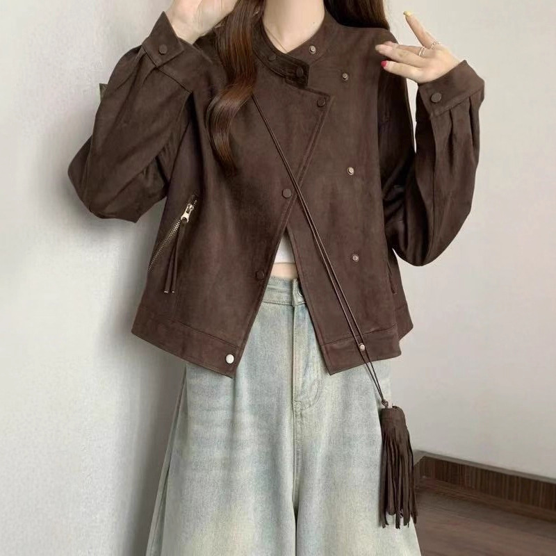 复古麂皮绒斜扣夹克上衣女秋2025新款小个子高级感休闲机车短外套|undefined