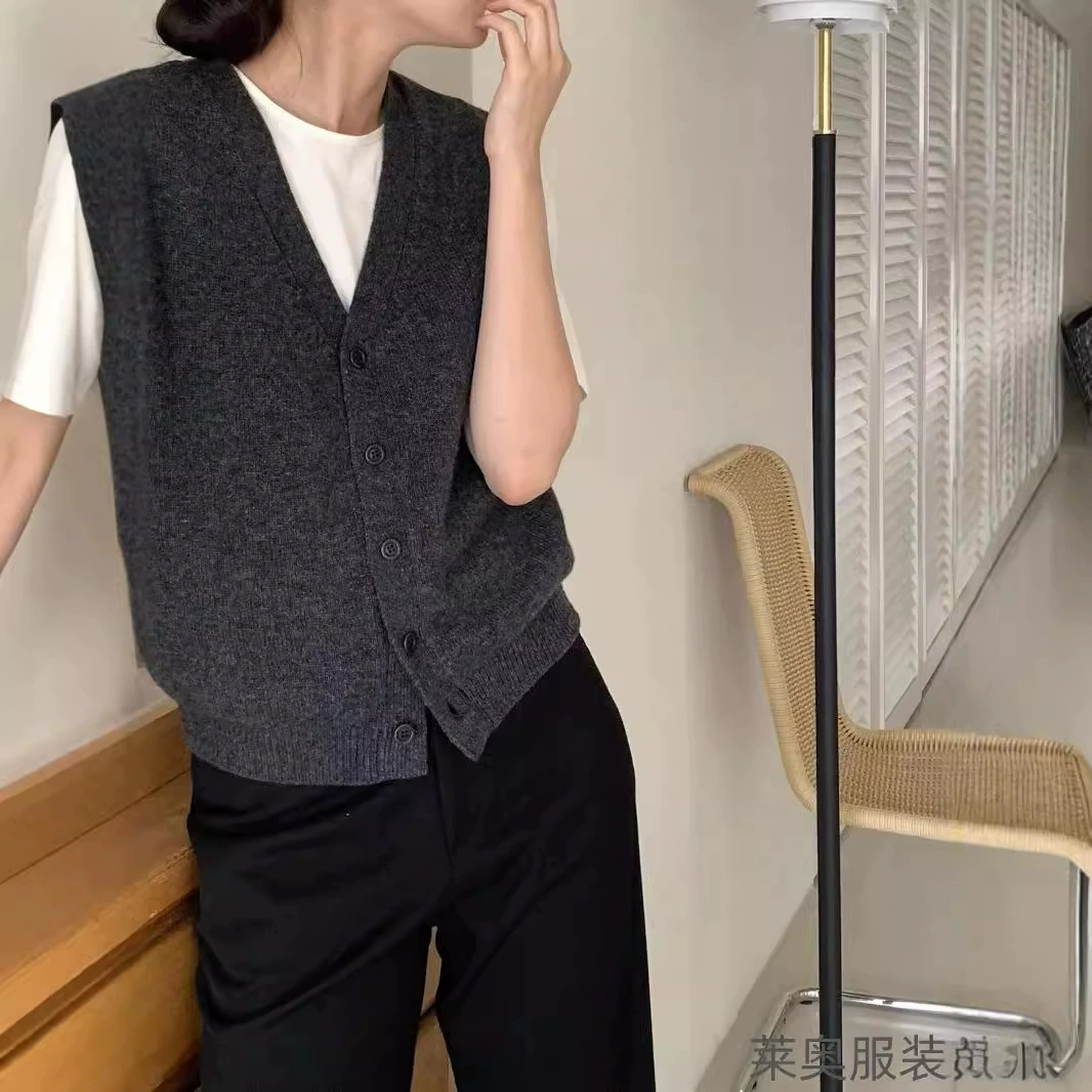 V-образный вырез 100 шерстяной кардиган жилет женский осенний и зимний сплошной жилет вязаный свитер без рукавов