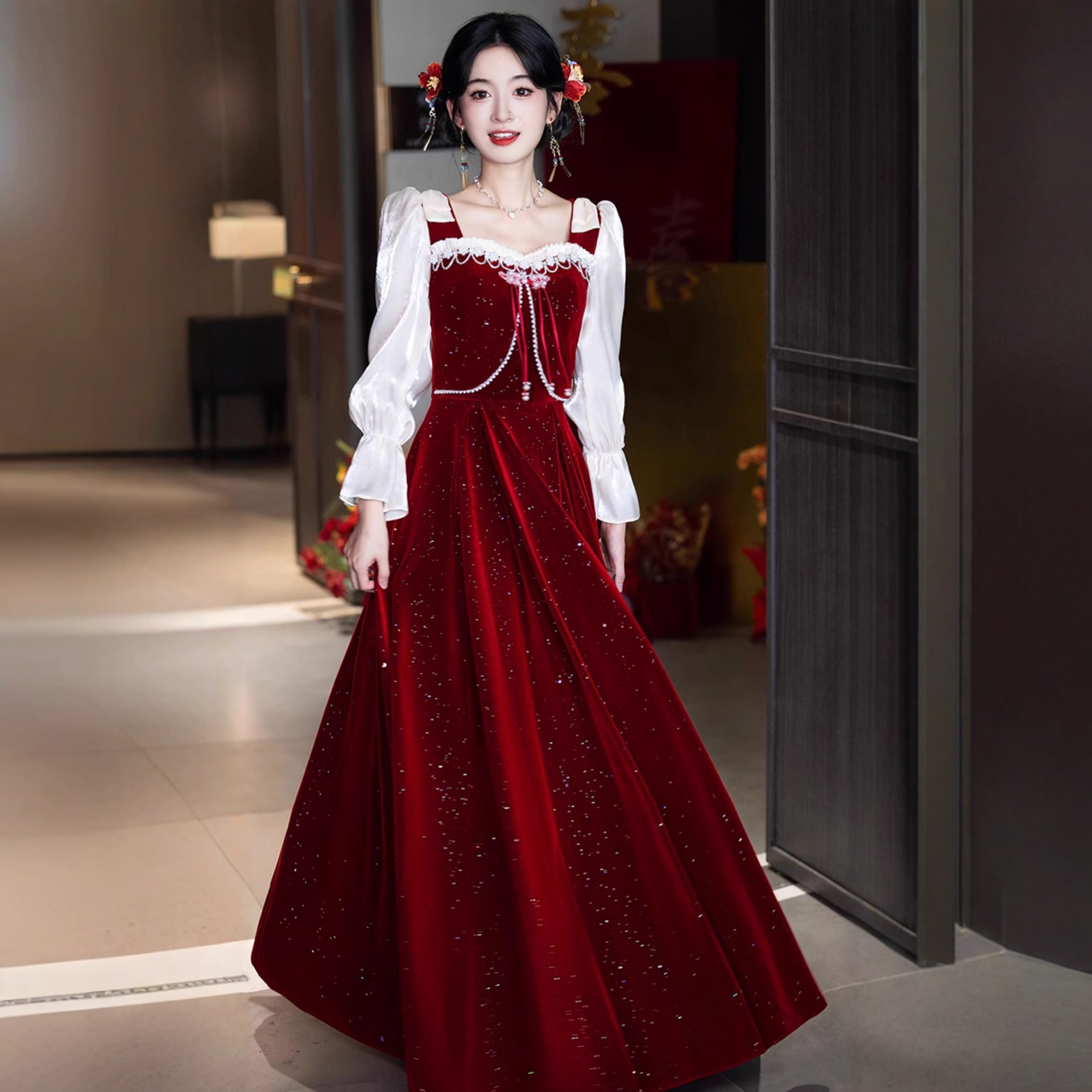 Bride's Toast Dress 2026 New Spring Long-Sleeve Light Luxury Wedding Day Casual Engagement Dress for Women