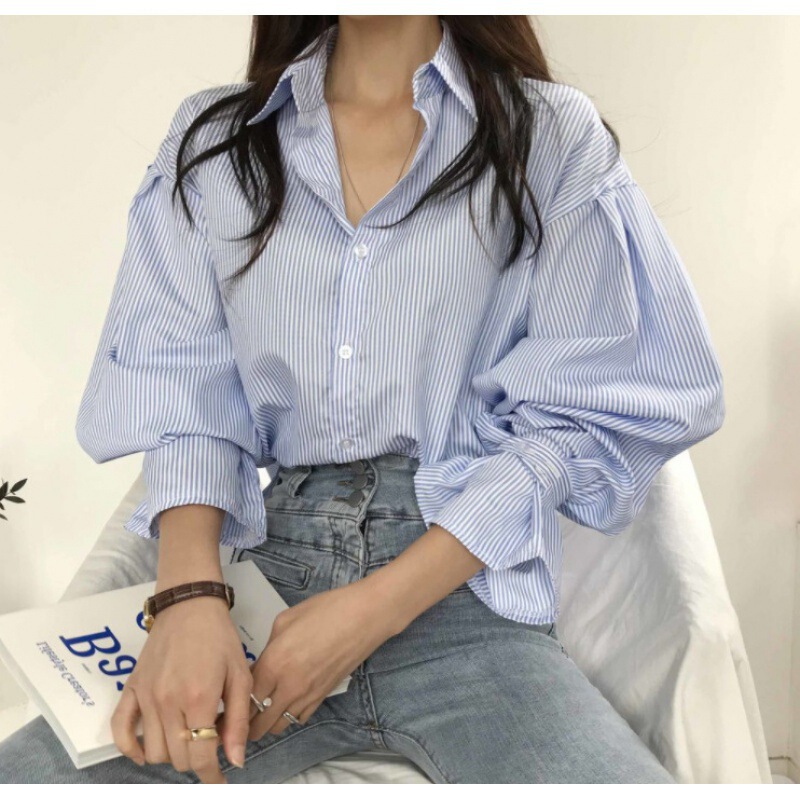 South Korea striped shirt Women's lantern long sleeve early spring autumn chic top design sense niche retro temperament South Korea striped shirt Women's lantern long sleeve early spring autumn chic top design sense niche retro temperament